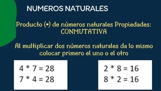 Producto (*) de números naturales Propiedades:
CONMUTATIVA


Al multiplicar dos números naturales da lo mismo
colocar primero el uno o el otro










NUMEROSNATURALES
 