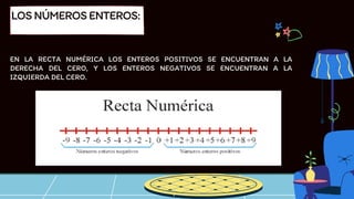 EN LA RECTA NUMÉRICA LOS ENTEROS POSITIVOS SE ENCUENTRAN A LA
DERECHA DEL CERO, Y LOS ENTEROS NEGATIVOS SE ENCUENTRAN A LA
IZQUIERDA DEL CERO.
LOSNÚMEROSENTEROS:
 