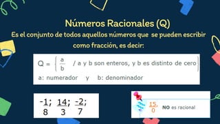 NúmerosRacionales(Q)
Eselconjuntodetodosaquellosnúmerosque sepuedenescribir
comofracción,esdecir:
 