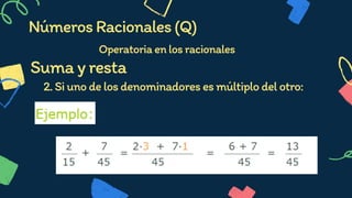 2.Siunodelosdenominadoresesmúltiplodelotro:


Operatoriaenlosracionales


NúmerosRacionales(Q)
Sumayresta
 