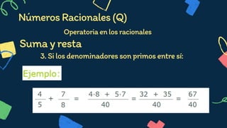 3.Silosdenominadoressonprimosentresí:


Operatoriaenlosracionales


NúmerosRacionales(Q)
Sumayresta
 