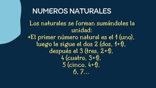 Los naturales se forman sumándoles la
unidad:
•El primer número natural es el 1 (uno),
luego le sigue el dos 2 (dos, 1+1),
después el 3 (tres, 2+1),
4 (cuatro, 3+1),
5 (cinco, 4+1),
6, 7...




NUMEROSNATURALES
 