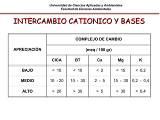 Universidad de Ciencias Aplicadas y Ambientales
Facultad de Ciencias Ambientales
APRECIACIÓN
COMPLEJO DE CAMBIO
(meq / 100 gr)
CICA BT Ca Mg K
BAJO < 10 < 10 < 2 < 15 < 0,2
MEDIO 10 - 20 10 - 30 2 - 5 15 - 30 0,2 - 0,4
ALTO > 20 > 30 > 5 > 30 > 0,4
INTERCAMBIO CATIONICO Y BASES
 