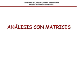 Universidad de Ciencias Aplicadas y Ambientales
Facultad de Ciencias Ambientales
ANÁLISIS CON MATRICES
 