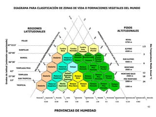 PROVINCIAS DE HUMEDAD
REGIONES
LATITUDINALES
PISOS
ALTITUDINALES
Monte
Espinoso
Monte
Espinoso
Estepa
Espinosa
Bosque
Muy Seco
Bosque
Seco
Bosque
Seco
Tundra
Seca
Tundra
Húmeda
Tundra
muy
Húmeda
Tundra
Pluvial
Matorral
Desértico
Matorral
Desértico
Matorral
Desértico
Matorral
Desértico
Estepa
Desecado
32.00 16.00 8.00 4.00 2.00 1.00 0.5 0.25 0.125 0.062
Superarido Perarido Arido Semiarido Subhúmedo Húmedo Perhúmedo Superhúmedo Semisaturado Subsaturado SaturadoHúmedoHúmedo
DIAGRAMA PARA CLASIFICACIÓN DE ZONAS DE VIDA O FORMACIONES VEGETALES DEL MUNDO
Desierto
Desierto
Desierto
Desierto
Bosque
Húmedo
Bosque
Muy
Húmedo
Bosque
Pluvial
Bosque
Húmedo
Bosque
Muy
Húmedo
Bosque
Pluvial
Bosque
Húmedo
Bosque
Húmedo
Bosque
Muy
Húmedo
Bosque
MuyHúmedo
Bosque
Pluvial
Puna| Paramo
Paramo
Pluvial
Bosque
Pluvial
POLAR
SUBPOLAR
BOREAL
TEMPLADA FRIA
TEMPLADA
SUB TROPICAL
TROPICAL
Gradosdelatitud(extensiónaproximada)
13°
42°
56°30’
63°45’
67°22.5’
27°30’ 2500 m
NIVAL
ALPINO
SUB ALPINO
MONTANO
MONTANO BAJO
PRE MONTANO
BioTemperaturaMediaAnual°C
24
12
6
3
1.5
18
4750 m
4500 m
4000 m
3000 m
2000 m
1000 m
43
 