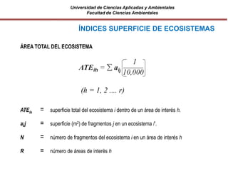 Universidad de Ciencias Aplicadas y Ambientales
Facultad de Ciencias Ambientales
ÍNDICES SUPERFICIE DE ECOSISTEMAS
ÁREA TOTAL DEL ECOSISTEMA
ATEih = superficie total del ecosistema i dentro de un área de interés h.
a¡j = superficie (m2) de fragmentos j en un ecosistema /'.
N = número de fragmentos del ecosistema i en un área de interés h
R = número de áreas de interés h
ATEih =  aij
1
10,000
(h = 1, 2 .... r)
 