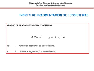 Universidad de Ciencias Aplicadas y Ambientales
Facultad de Ciencias Ambientales
NÚMERO DE FRAGMENTOS DE UN ECOSISTEMA
NP = número de fragmentos de un ecosistema.
n = número de fragmentos j de un ecosistema.
ÍNDICES DE FRAGMENTACIÓN DE ECOSISTEMAS
NP = n j = 1, 2, ...n
 