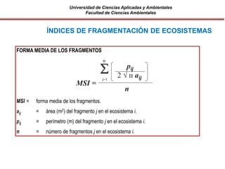 Universidad de Ciencias Aplicadas y Ambientales
Facultad de Ciencias Ambientales
FORMA MEDIA DE LOS FRAGMENTOS
MSI = forma media de los fragmentos.
aij = área (m2) del fragmento j en el ecosistema i.
pij = perímetro (m) del fragmento j en el ecosistema i.
n = número de fragmentos j en el ecosistema i.
ÍNDICES DE FRAGMENTACIÓN DE ECOSISTEMAS
MSI =
pij
2 √ п aijj=1
n

n
 
