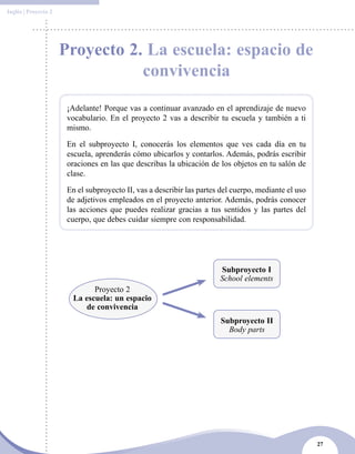 27
Inglés | Proyecto 2
Proyecto 2. La escuela: espacio de	
				convivencia
¡Adelante! Porque vas a continuar avanzado en el aprendizaje de nuevo
vocabulario. En el proyecto 2 vas a describir tu escuela y también a ti
mismo.
En el subproyecto I, conocerás los elementos que ves cada día en tu
escuela, aprenderás cómo ubicarlos y contarlos. Además, podrás escribir
oraciones en las que describas la ubicación de los objetos en tu salón de
clase.
En el subproyecto II, vas a describir las partes del cuerpo, mediante el uso
de adjetivos empleados en el proyecto anterior. Además, podrás conocer
las acciones que puedes realizar gracias a tus sentidos y las partes del
cuerpo, que debes cuidar siempre con responsabilidad.
Proyecto 2
La escuela: un espacio
de convivencia
Subproyecto I
School elements
Subproyecto II
Body parts
 