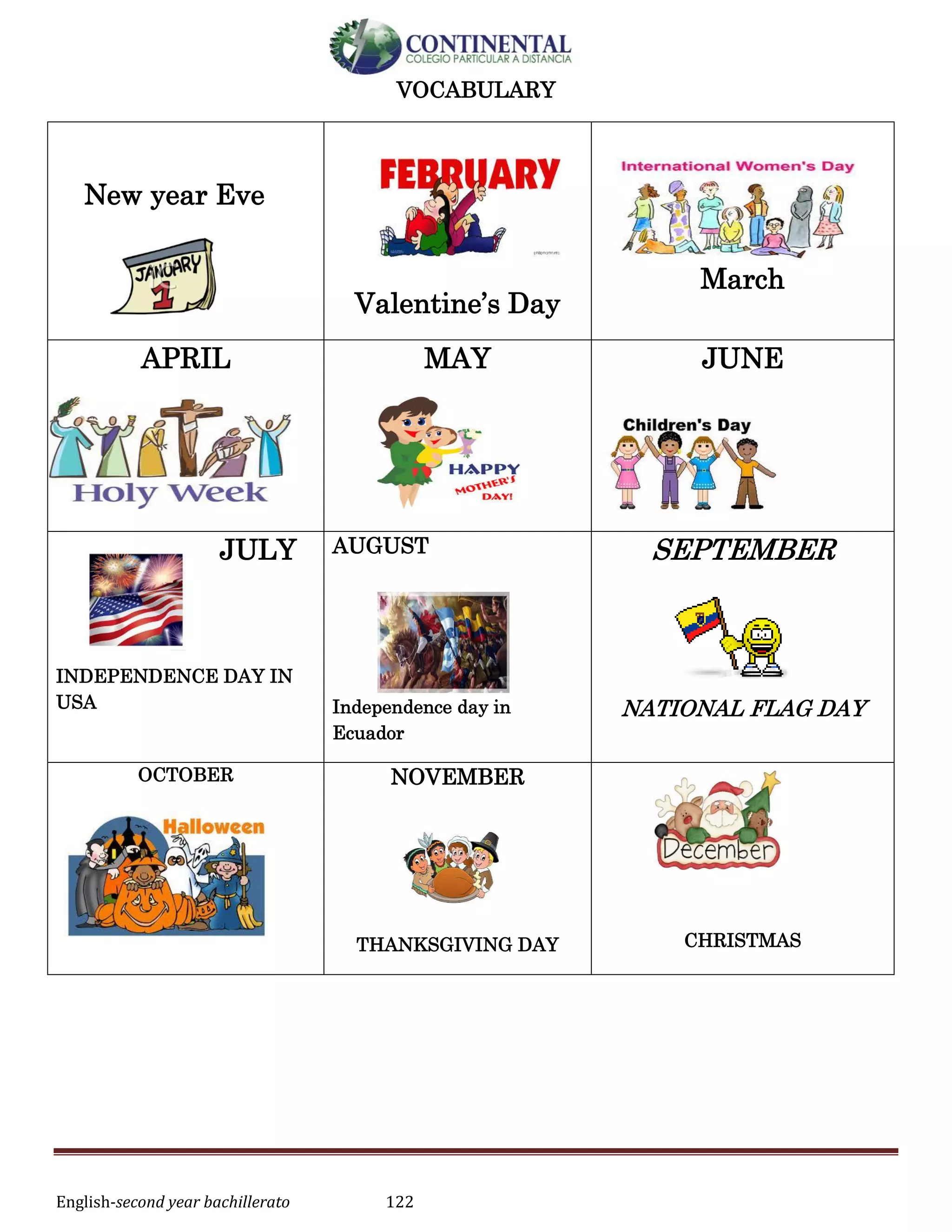 English-second year bachillerato 122
VOCABULARY
New year Eve
Valentine’s Day
March
APRIL MAY JUNE
JULY
INDEPENDENCE DAY IN
USA
AUGUST
Independence day in
Ecuador
SEPTEMBER
NATIONAL FLAG DAY
OCTOBER NOVEMBER
THANKSGIVING DAY CHRISTMAS
 