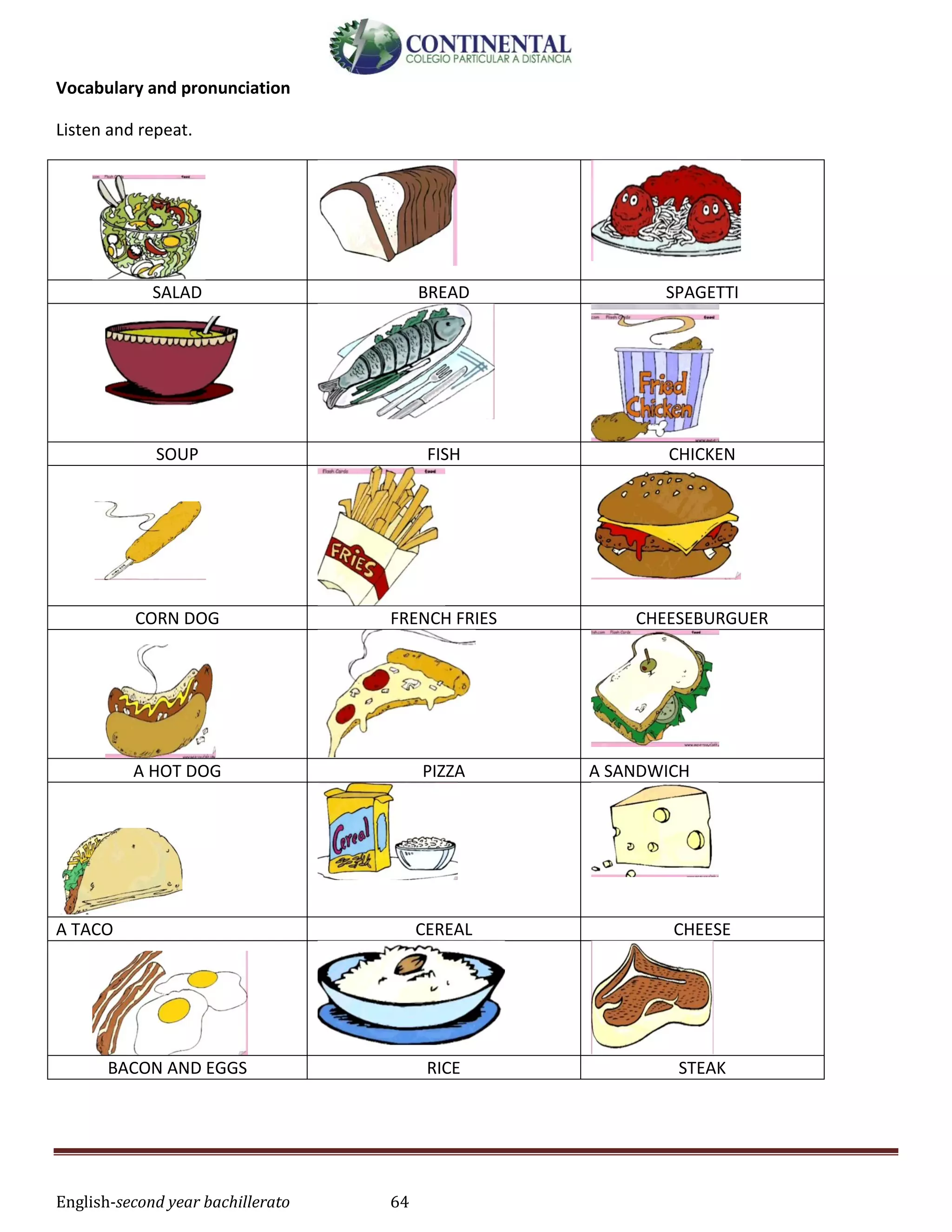 English-second year bachillerato 64
Vocabulary and pronunciation
Listen and repeat.
SALAD BREAD SPAGETTI
SOUP FISH CHICKEN
CORN DOG FRENCH FRIES CHEESEBURGUER
A HOT DOG PIZZA A SANDWICH
A TACO CEREAL CHEESE
BACON AND EGGS RICE STEAK
 