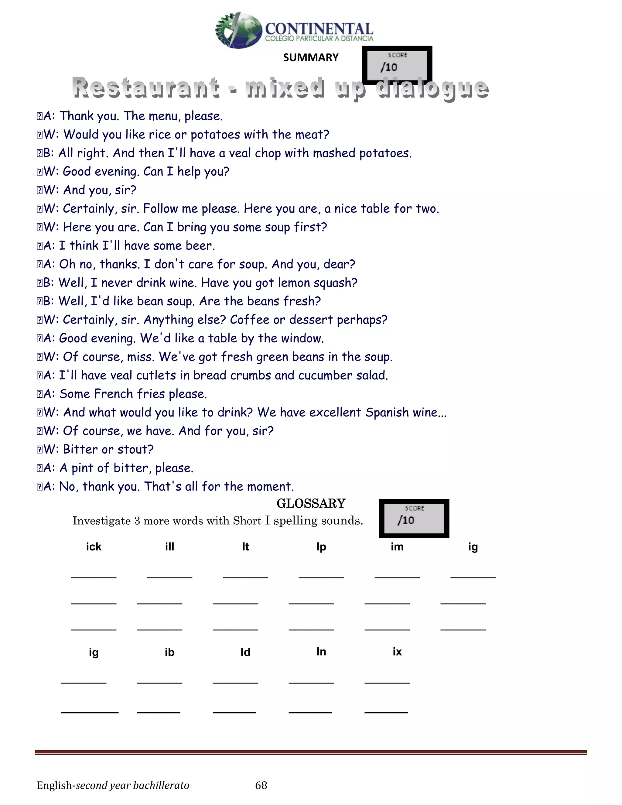 English-second year bachillerato 68
SUMMARY
A: Thank you. The menu, please.
W: Would you like rice or potatoes with the meat?
B: All right. And then I'll have a veal chop with mashed potatoes.
W: Good evening. Can I help you?
W: And you, sir?
W: Certainly, sir. Follow me please. Here you are, a nice table for two.
W: Here you are. Can I bring you some soup first?
A: I think I'll have some beer.
A: Oh no, thanks. I don't care for soup. And you, dear?
B: Well, I never drink wine. Have you got lemon squash?
B: Well, I'd like bean soup. Are the beans fresh?
W: Certainly, sir. Anything else? Coffee or dessert perhaps?
A: Good evening. We'd like a table by the window.
W: Of course, miss. We've got fresh green beans in the soup.
A: I'll have veal cutlets in bread crumbs and cucumber salad.
A: Some French fries please.
W: And what would you like to drink? We have excellent Spanish wine...
W: Of course, we have. And for you, sir?
W: Bitter or stout?
A: A pint of bitter, please.
A: No, thank you. That's all for the moment.
GLOSSARY
Investigate 3 more words with Short I spelling sounds.
ick ill It Ip im ig
________ ________ ________ ________ ________ ________
________ ________ ________ ________ ________ ________
________ ________ ________ ________ ________ ________
ig ib Id In ix
________ ________ ________ ________ ________
________ ______ ______ ______ ______
 