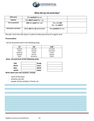 English-second year bachillerato 24
What did you do yesterday?
Affirmative She washed my car.
Negative She didn’t wash her car.
Yes-no questions Did she wash her car? Yes, she did
No, she didn’t
Information questions What did she do yesterday? She washed her car.
We add –ed to the verb steam in order to make past tense of a regular verb.
Pronunciation
- ed can be pronounced in the following ways.
/t/ /d/ /ed/
Washed
Talked
Replaced
Stopped
Fixed
Arrived
Cleaned
Called
Burned
Answered
Arrested
Corrected
Ended
Divided
folded
Write the past form of the following verbs.
Talk Study
Work clean
play Wash
watch listen
Write about your last vacation. Include
- name of the place
- activities you did
- people, family members, friends, etc.
 