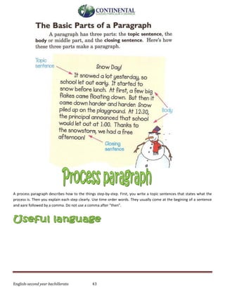 English-second year bachillerato 43
A process paragraph describes how to the things step-by-step. First, you write a topic sentences that states what the
process is. Then you explain each step clearly. Use time order words. They usually come at the begining of a sentence
and aare followed by a comma. Do not use a comma after “then”.
 