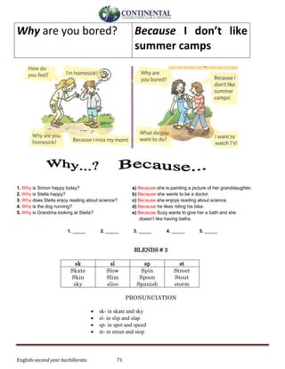 English-second year bachillerato 71
Why are you bored? Because I don’t like
summer camps
1. Why is Simon happy today? a) Because she is painting a picture of her granddaughter.
2. Why is Stella happy? b) Because she wants to be a doctor.
3. Why does Stella enjoy reading about science? c) Because she enjoys reading about science.
4. Why is the dog running? d) Because he likes riding his bike.
5. Why is Grandma looking at Stella? e) Because Suzy wants to give her a bath and she
doesn’t like having baths.
1. _____ 2. _____ 3. _____ 4. _____ 5. _____
BLENDS # 3
sk sl sp st
Skate
Skin
sky
Slow
Slim
slice
Spin
Spoon
Spanish
Street
Stout
storm
PRONUNCIATION
 sk- in skate and sky
 sl- in slip and slap
 sp- in spot and speed
 st- in street and stop
 