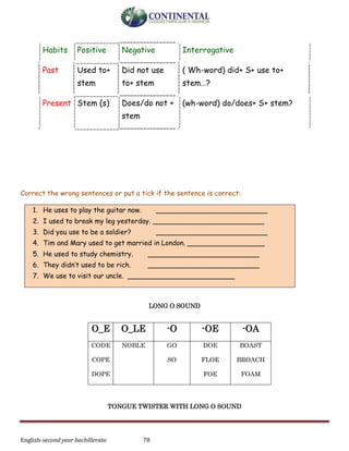 English-second year bachillerato 78
Correct the wrong sentences or put a tick if the sentence is correct:
1. He uses to play the guitar now. __________________________
2. I used to break my leg yesterday. __________________________
3. Did you use to be a soldier? __________________________
4. Tim and Mary used to get married in London. __________________
5. He used to study chemistry. __________________________
6. They didn’t used to be rich. __________________________
7. We use to visit our uncle. _________________________
LONG O SOUND
TONGUE TWISTER WITH LONG O SOUND
Habits Positive Negative Interrogative
Past Used to+
stem
Did not use
to+ stem
( Wh-word) did+ S+ use to+
stem…?
Present Stem (s) Does/do not +
stem
(wh-word) do/does+ S+ stem?
O_E O_LE -O -OE -OA
CODE
COPE
DOPE
NOBLE GO
SO
DOE
FLOE
FOE
BOAST
BROACH
FOAM
 