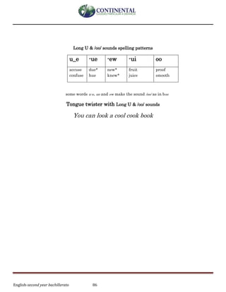 English-second year bachillerato 86
Long U & /oo/ sounds spelling patterns
u_e -ue -ew -ui oo
accuse
confuse
due*
hue
new*
knew*
fruit
juice
proof
smooth
some words u-e, ue and ew make the sound /oo/ as in boo
Tongue twister with Long U & /oo/ sounds
You can look a cool cook book
 