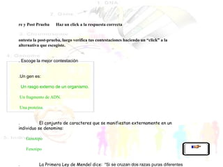   Pre y Post Prueba  Haz un click a la respuesta correcta Contesta la post-prueba, luego verifica tus contestaciones haciendo un “click” a la alternativa que escogiste.   I. Escoge la mejor contestación   1.Un gen es: o     Un rasgo externo de un organismo. o   Un fragmento de ADN. o   Una proteína.   2.                    El conjunto de caracteres que se manifiestan externamente en un individuo se denomina: o         Genotipo o           Fenotipo   3.                    La Primera Ley de Mendel dice:   “Si se cruzan dos razas puras diferentes para un mismo carácter, los individuos de la primera generación filial son: o         Iguales en genotipo pero diferentes en fenotipo. o         Iguales en fenotipo pero diferentes en genotipo.           I guales en fenotipo y genotipo.   