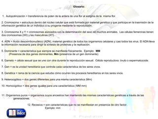   Glosario:     1.  Autopolinización = transferencia de polen de la antera de una flor al estigma de la  misma flor.   2. Cromosoma = estructura dentro del núcleo celular que está formada por material genético y que participa en la trasmisión de la información genética de un individuo a su progenie mediante la reproducción.   3. Cromosoma X y Y = cromosomas asociados con la determinación del sexo en muchos animales.  Las células femeninas tienen dos cromosomas (XX) y las masculinas (XY).   4. ADN = Ácido desoxirribonucleico (ADN), material genético de todos los organismos celulares y casi todos los virus. El ADN lleva la información necesaria para dirigir la síntesis de proteínas y la replicación.    5. Dominante = característica que siempre se manifiesta físicamente.  Ejemplo:  MM (Presencia de dos genes dominantes,  Mm  (presencia de un gen dominante).   6. Gameto = célula sexual que se une con otra durante la reproducción sexual.  Célula reproductora: óvulo o espermatozoide.   7. Gen = es la unidad hereditaria que controla cada característica de los seres vivos.   8. Genética = rama de la ciencia que estudia cómo ocurren los procesos hereditarios en los seres vivos.   9. Heterocigótico = dos genes diferentes para una misma característica (Mm)   10. Homocigótico = dos genes iguales para una característica.( MM mm)     11. Organismos puros = organismos cuyos ancestros han mantenido las mismas características genéticas a través de las  generaciones.   12. Recesiva = son características que no se manifiestan en presencia de otro factor. Ejemplo: mm   