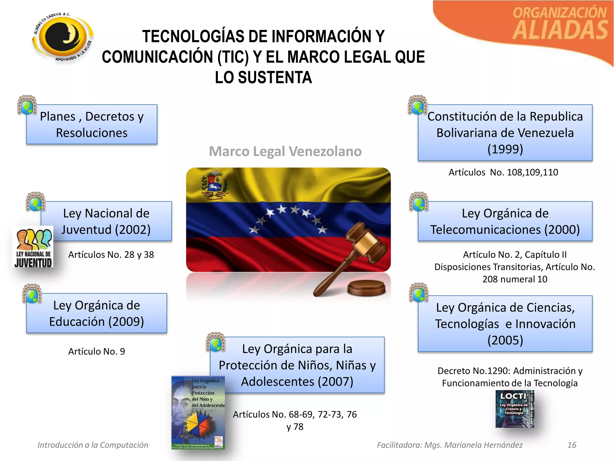 TECNOLOGÍAS DE INFORMACIÓN Y
COMUNICACIÓN (TIC) Y EL MARCO LEGAL QUE
LO SUSTENTA
Introducción a la Computación Facilitadora: Mgs. Marianela Hernández 16
Marco Legal Venezolano
Ley Orgánica de
Telecomunicaciones (2000)
Constitución de la Republica
Bolivariana de Venezuela
(1999)
Ley Orgánica de Ciencias,
Tecnologías e Innovación
(2005)
Ley Orgánica para la
Protección de Niños, Niñas y
Adolescentes (2007)
Ley Orgánica de
Educación (2009)
Ley Nacional de
Juventud (2002)
Planes , Decretos y
Resoluciones
Artículos No. 108,109,110
Artículo No. 2, Capítulo II
Disposiciones Transitorias, Artículo No.
208 numeral 10
Decreto No.1290: Administración y
Funcionamiento de la Tecnología
Artículo No. 9
Artículos No. 68-69, 72-73, 76
y 78
Artículos No. 28 y 38
 