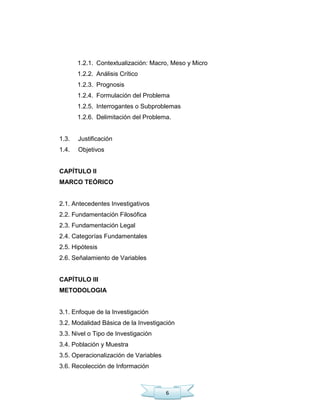 6
1.2.1. Contextualización: Macro, Meso y Micro
1.2.2. Análisis Crítico
1.2.3. Prognosis
1.2.4. Formulación del Problema
1.2.5. Interrogantes o Subproblemas
1.2.6. Delimitación del Problema.
1.3. Justificación
1.4. Objetivos
CAPÍTULO II
MARCO TEÓRICO
2.1. Antecedentes Investigativos
2.2. Fundamentación Filosófica
2.3. Fundamentación Legal
2.4. Categorías Fundamentales
2.5. Hipótesis
2.6. Señalamiento de Variables
CAPÍTULO III
METODOLOGIA
3.1. Enfoque de la Investigación
3.2. Modalidad Básica de la Investigación
3.3. Nivel o Tipo de Investigación
3.4. Población y Muestra
3.5. Operacionalización de Variables
3.6. Recolección de Información
 