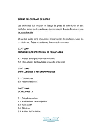 9
DISEÑO DEL TRABAJO DE GRADO
Los elementos que integran el trabajo de grado se estructuran en seis
capítulos, siendo los tres primeros los mismos del diseño de un proyecto
de investigación.
El capítulo cuatro será: el análisis e interpretación de resultados, luego las
conclusiones y Recomendaciones y finalmente la propuesta.
CAPÍTULO 4
ANÁLISIS E INTERPRETACIÓN DE RESULTADOS
4.1. Análisis e Interpretación de Resultados
4.2. Interpretación de Resultados (encuesta, entrevista)
CAPÍTULO 5
CONCLUSIONES Y RECOMENDACIONES
5.1. Conclusiones
5.2. Recomendaciones
CAPÍTULO 6
LA PROPUESTA
6.1. Datos Informativos
6.2. Antecedentes de la Propuesta
6.3. Justificación
6.4. Objetivos
6.5. Análisis de Factibilidad
 