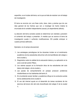 19
especifico, es el núcleo del tema; es lo que se trata de resolver con el trabajo
de investigación.
El tema se enuncia con una frase corta, clara, clara y precisa que de una
idea general de los hechos que van a investigar de hecho implica la
enunciada de la variable independiente (causa) y la dependiente (efecto).
La elección del tema consiste cosiste en determinar con claridad y precisión
el contenido del trabajo a presentar. A medida que se avance el tema de
investigación puede ir sufriendo modificaciones. ES posible anticipar si
vuestra primera definición.
Ejemplos: en el campo educacional.
1. Las estrategias psicológicas de los docentes inciden en el rendimiento
académico de los estudiantes del primer año de bachillerato del colegio x
de la ciudad y.
2. Diagnóstico sobre la calidad de la educación básica y su aplicación en la
zona rural del cantón Pillaro.
3. Los valores apoyan en la formación ética de los estudiantes del ciclo
básico del colegio x de la ciudad y.
4. Las pautas de comportamiento en parejas producen problemas
intrafamiliares en los habitantes del barrio X.
5. En el ambiente social, familiar y académica influye en la conducta suicida
de los adolescentes de la ciudad X.
6. El uso del internet ayuda en el desarrollo de tareas escolares de los
alumnos del tercer año del ciclo diversificado del colegio X de la ciudad
Y.
 