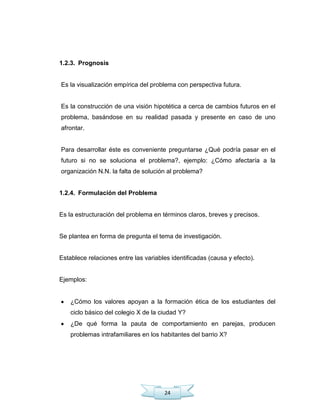 24
1.2.3. Prognosis
Es la visualización empírica del problema con perspectiva futura.
Es la construcción de una visión hipotética a cerca de cambios futuros en el
problema, basándose en su realidad pasada y presente en caso de uno
afrontar.
Para desarrollar éste es conveniente preguntarse ¿Qué podría pasar en el
futuro si no se soluciona el problema?, ejemplo: ¿Cómo afectaría a la
organización N.N. la falta de solución al problema?
1.2.4. Formulación del Problema
Es la estructuración del problema en términos claros, breves y precisos.
Se plantea en forma de pregunta el tema de investigación.
Establece relaciones entre las variables identificadas (causa y efecto).
Ejemplos:
¿Cómo los valores apoyan a la formación ética de los estudiantes del
ciclo básico del colegio X de la ciudad Y?
¿De qué forma la pauta de comportamiento en parejas, producen
problemas intrafamiliares en los habitantes del barrio X?
 