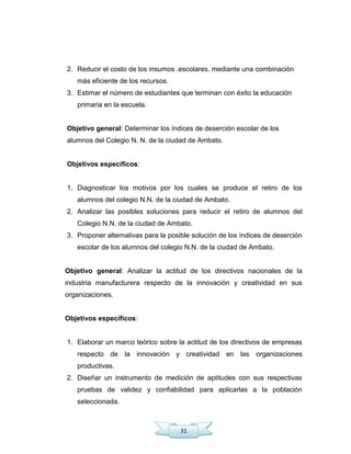 31
2. Reducir el costo de los insumos .escolares, mediante una combinación
más eficiente de los recursos.
3. Estimar el número de estudiantes que terminan con éxito la educación
primaria en la escuela.
Objetivo general: Determinar los índices de deserción escolar de los
alumnos del Colegio N. N. de la ciudad de Ambato.
Objetivos específicos:
1. Diagnosticar los motivos por los cuales se produce el retiro de los
alumnos del colegio N.N. de la ciudad de Ambato.
2. Analizar las posibles soluciones para reducir el retiro de alumnos del
Colegio N.N. de la ciudad de Ambato.
3. Proponer alternativas para la posible solución de los índices de deserción
escolar de los alumnos del colegio N.N. de la ciudad de Ambato.
Objetivo general: Analizar la actitud de los directivos nacionales de la
industria manufacturera respecto de la innovación y creatividad en sus
organizaciones.
Objetivos específicos:
1. Elaborar un marco teórico sobre la actitud de los directivos de empresas
respecto de la innovación y creatividad en las organizaciones
productivas.
2. Diseñar un instrumento de medición de aptitudes con sus respectivas
pruebas de validez y confiabilidad para aplicarlas a la población
seleccionada.
 