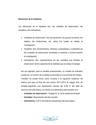 46
Elementos de la hipótesis.
Los elementos de la hipótesis son: las unidades de observación, las
variables y los indicadores.
Unidades de observación: Son las personas, los grupos humanos, los
objetos, las instituciones, etc. sobre los cuales se realiza la
investigación.
Variables: Son características, atributos, propiedades o cualidades de
las unidades de observación sometidas a medición y control durante
la investigación.
Indicadores: Son características de las variables que facilitan la
observación de los aspectos de la realidad que se desea investigar.
Así por ejemplo, para la variable productividad, un modelo de indicador
puede ser, el número de unidades producidas en una jornada de trabajo.
También se puede tomar como muestra a la siguiente hipótesis: Se
estima que para el final del año lectivo 2011-2012 el colegio N.N. de
Ambato,registrará una reprobación escolar del 0.28 % del total de
alumnos del ciclo básico, en donde sus elementos estructurales son:
- Unidades de observación : Colegio N. N. de la ciudad de Ambato
- Variables: Reprobación del año escolar.
- Indicadores: 0.28 % del total de estudiantes del ciclo básico.
 