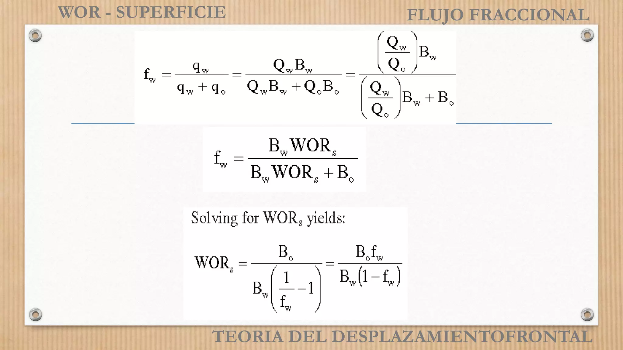 TEORIA DEL DESPLAZAMIENTOFRONTAL
WOR - SUPERFICIE FLUJO FRACCIONAL
 