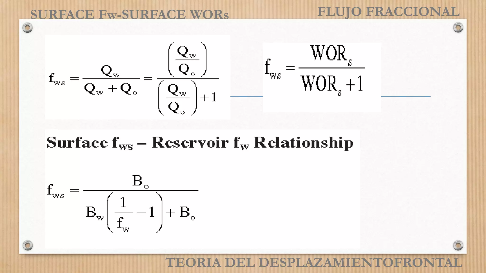 TEORIA DEL DESPLAZAMIENTOFRONTAL
SURFACE Fw-SURFACE WORs FLUJO FRACCIONAL
 
