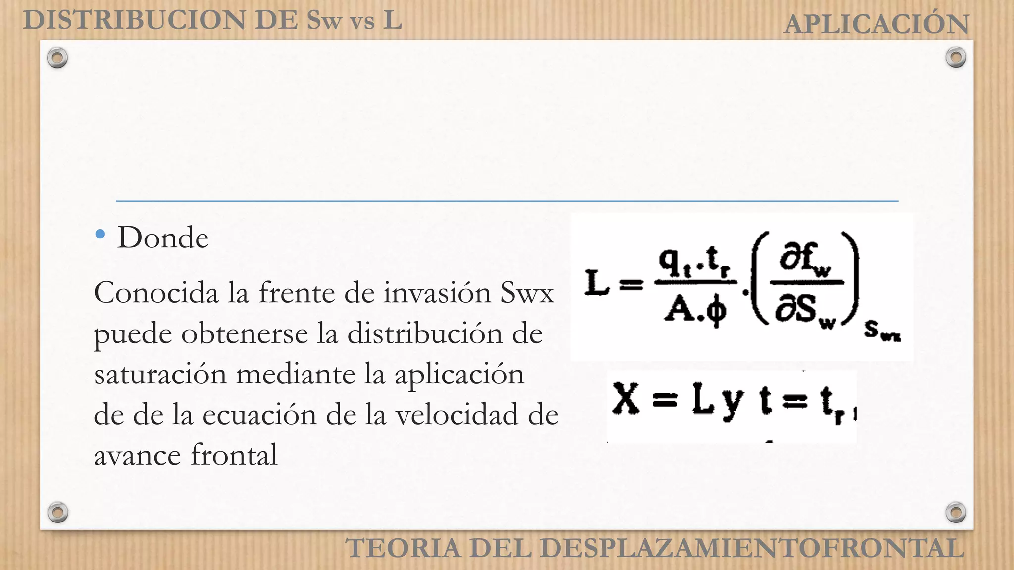 • Donde
Conocida la frente de invasión Swx
puede obtenerse la distribución de
saturación mediante la aplicación
de de la ecuación de la velocidad de
avance frontal
TEORIA DEL DESPLAZAMIENTOFRONTAL
DISTRIBUCION DE Sw vs L APLICACIÓN
 