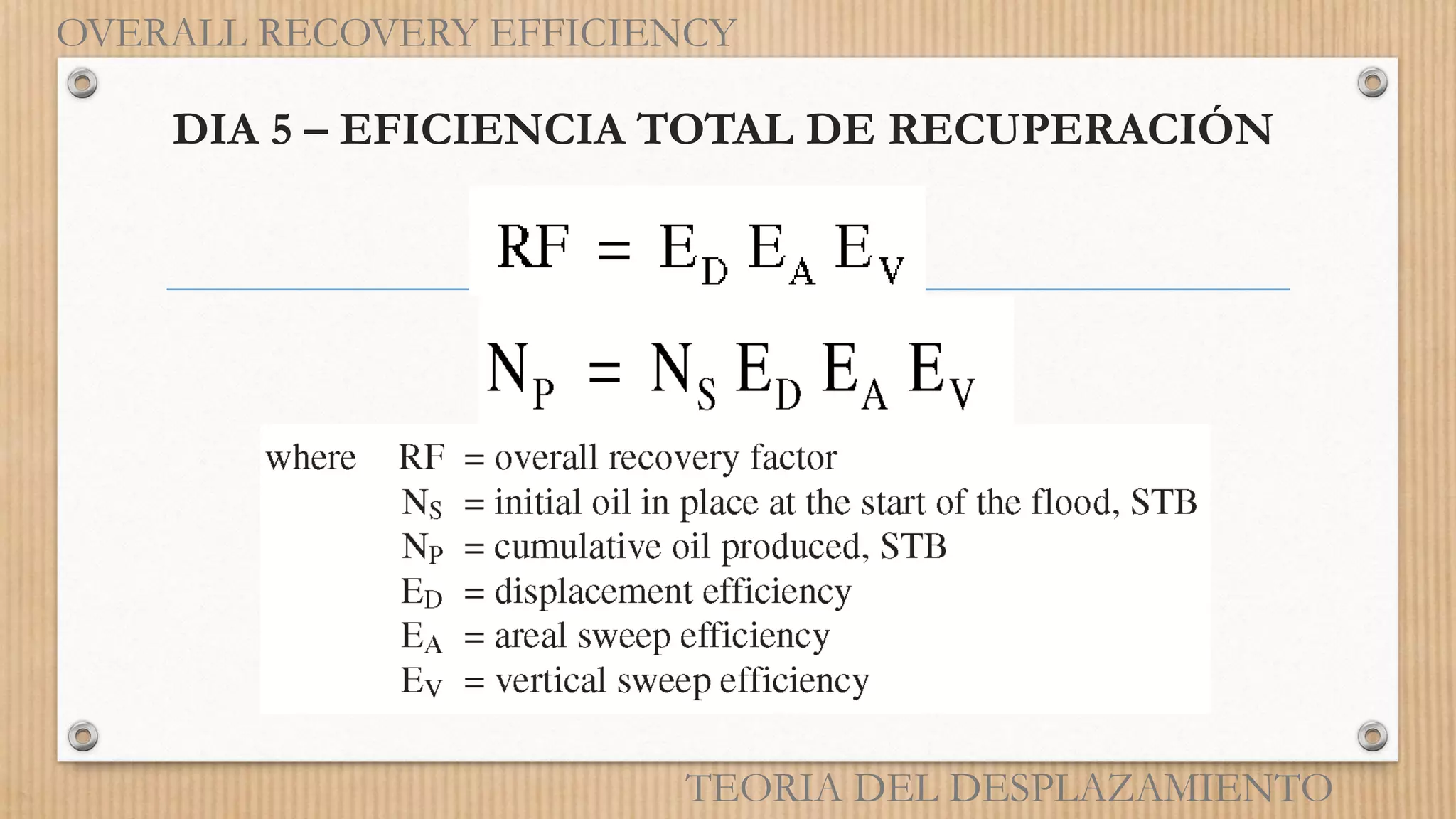 OVERALL RECOVERY EFFICIENCY
DIA 5 – EFICIENCIA TOTAL DE RECUPERACIÓN
TEORIA DEL DESPLAZAMIENTO
 
