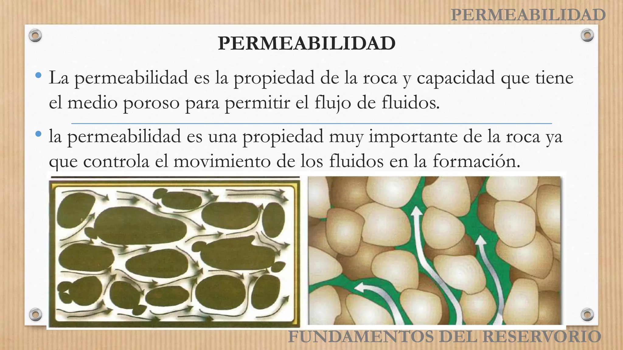 PERMEABILIDAD
PERMEABILIDAD
• La permeabilidad es la propiedad de la roca y capacidad que tiene
el medio poroso para permitir el flujo de fluidos.
• la permeabilidad es una propiedad muy importante de la roca ya
que controla el movimiento de los fluidos en la formación.
FUNDAMENTOS DEL RESERVORIO
 