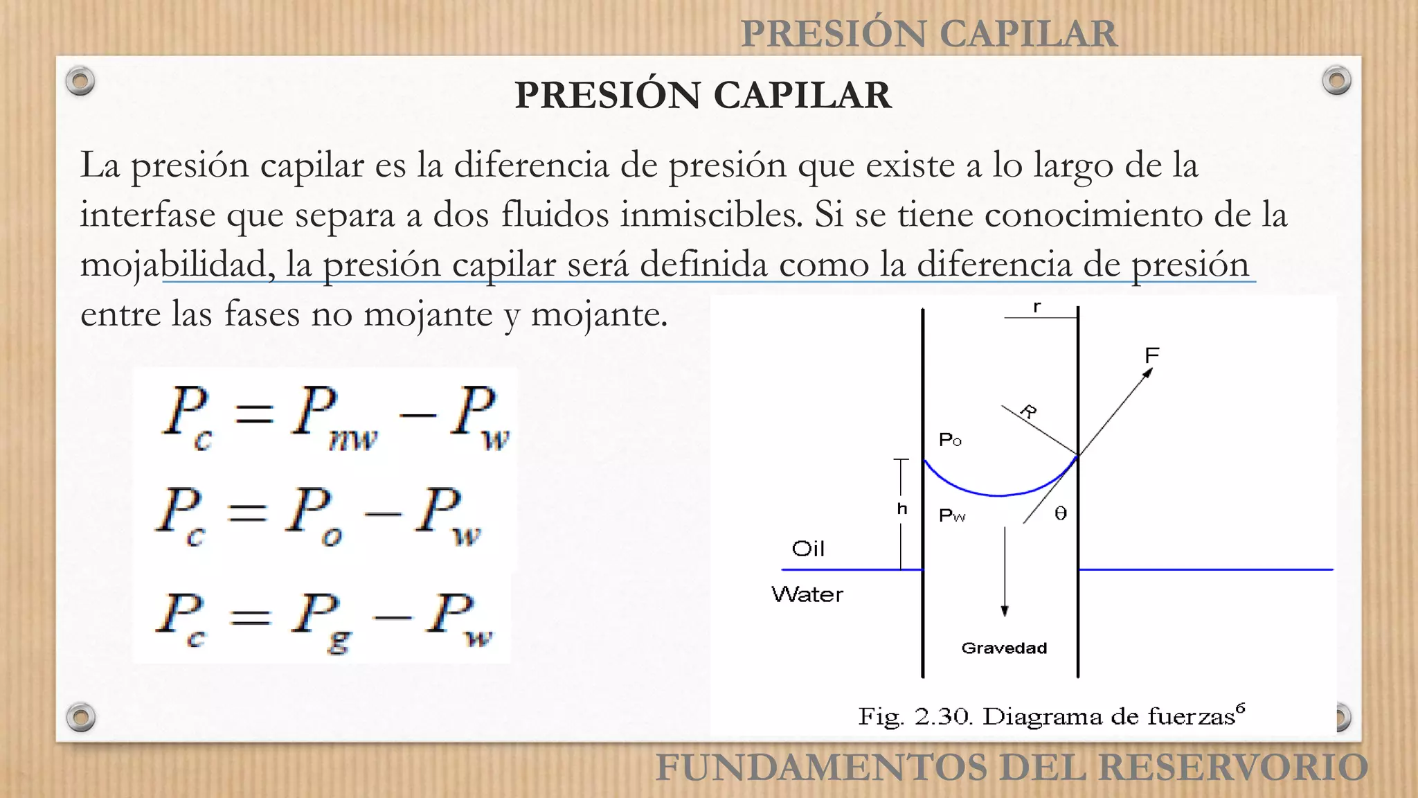 PRESIÓN CAPILAR
PRESIÓN CAPILAR
La presión capilar es la diferencia de presión que existe a lo largo de la
interfase que separa a dos fluidos inmiscibles. Si se tiene conocimiento de la
mojabilidad, la presión capilar será definida como la diferencia de presión
entre las fases no mojante y mojante.
FUNDAMENTOS DEL RESERVORIO
 