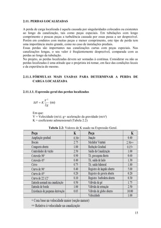 15
2.11. PERDAS LOCALIZADAS
A perda de carga localizada é aquela causada por singularidades colocados ou existentes
ao longo da canalização, tais como peças especiais. Em tubulações com longo
comprimento e poucas peças a turbulência causada por essas passa a ser desprezível.
Porém em condutos com muitas peças e menor comprimento, este tipo de perda tem
uma importância muito grande, como no caso de instalações prediais.
Essas perdas são importantes nas canalizações curtas com peças especiais. Nas
canalizações longas, o seu valor é freqüentemente desprezível, comparada com as
perdas ao longo da tubulação.
No projeto, as perdas localizadas devem ser somadas à contínua. Considerar ou não as
perdas localizadas é uma atitude que o projetista irá tomar, em face das condições locais
e da experiência do mesmo.
2.11.1. FÓRMULAS MAIS USADAS PARA DETERMINAR A PERDA DE
CARGA LOCALIZADA
2.11.1.1. Expressão geral das perdas localizadas
g
V
K
H
2
2

 (m)
Em que:
V = Velocidade (m/s); g= aceleração da gravidade (m/s²)
K = coeficiente adimensional (Tabela 2.2)
Tabela 2.2: Valores de K usado na Expressão Geral.
 