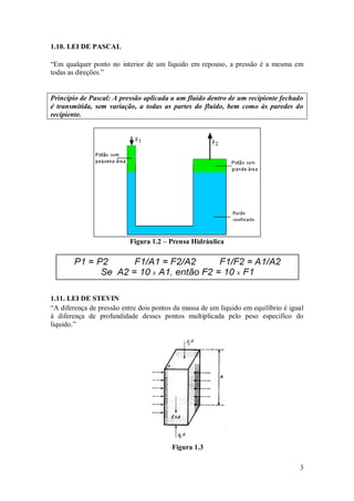 3
1.10. LEI DE PASCAL
“Em qualquer ponto no interior de um líquido em repouso, a pressão é a mesma em
todas as direções.”
Princípio de Pascal: A pressão aplicada a um fluido dentro de um recipiente fechado
é transmitida, sem variação, a todas as partes do fluido, bem como às paredes do
recipiente.
Figura 1.2 – Prensa Hidráulica
1.11. LEI DE STEVIN
“A diferença de pressão entre dois pontos da massa de um liquido em equilíbrio é igual
à diferença de profundidade desses pontos multiplicada pelo peso especifico do
liquido.”
Figura 1.3
 
