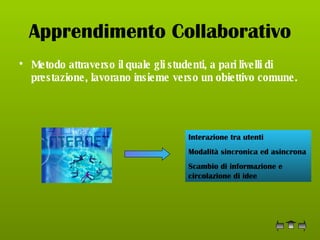Apprendimento Collaborativo Metodo attraverso il quale gli studenti, a pari livelli di prestazione, lavorano insieme verso un obiettivo comune. Interazione tra utenti Modalità sincronica ed asincrona Scambio di informazione e circolazione di idee 