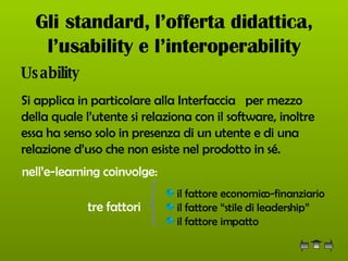 Gli standard, l’offerta didattica, l’usability e l’interoperability Usability Si applica in particolare alla Interfaccia  per mezzo della quale l’utente si relaziona con il software, inoltre essa ha senso solo in presenza di un utente e di una relazione d’uso che non esiste nel prodotto in sé. nell’e-learning coinvolge:   il fattore economico-finanziario il fattore “stile di leadership” il fattore impatto    tre fattori 