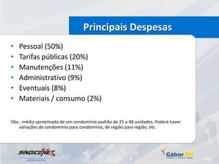 Principais Despesas
•   Pessoal (50%)
•   Tarifas públicas (20%)
•   Manutenções (11%)
•   Administrativo (9%)
•   Eventuais (8%)
•   Materiais / consumo (2%)

Obs.: média aproximada de um condomínio padrão de 25 a 48 unidades. Poderá haver
   variações de condomínio para condomínio, de região para região, etc.
 