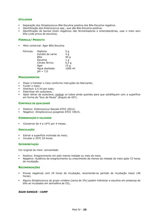 Mod IV - 25
UTILIDADE
Separação dos Streptococcus Bile-Esculina positiva dos Bile-Esculina negativa.
Identificação dos Enterococcus spp., que são Bile-Esculina positiva.
Identificação de bacilos Gram negativos não fermentadores e enterobactérias, usar o meio sem
bílis (vide prova de esculina).
FÓRMULA/ PRODUTO
Meio comercial: Ágar Bílis-Esculina
Fórmula: Peptona 5 g
Extrato de carne 3 g
Bílis 40 g
Esculina 1 g
Citrato férrico 0,5 g
Ágar 15 g
Água destilada 1000 ml
pH = 7,0
PROCEDIMENTOS
Pesar e hidratar o meio conforme instruções do fabricante;
Fundir o meio;
Distribuir 2,5 ml por tubo;
Esterilizar em autoclave;
Após retirar da autoclave, inclinar os tubos ainda quentes para que solidifiquem com a superfície
em forma de "bico de flauta" (ângulo de 45º).
CONTROLE DE QUALIDADE
Positivo: Enterococcus faecalis ATCC 29212.
Negativo: Streptococcus pyogenes ATCC 19615.
CONSERVAÇÃO E VALIDADE
Conservar de 4 a 10°C por 4 meses.
INOCULAÇÃO
Estriar a superfície inclinada do meio;
Incubar a 35ºC 24 horas.
INTERPRETAÇÃO
Cor original do meio: acinzentado
Positivo: Enegrecimento em pelo menos metade ou mais do meio.
Negativo: Ausência de enegrecimento ou crescimento de menos da metade do meio após 72 horas
de incubação.
RECOMENDAÇÕES
Provas negativas com 24 horas de incubação, recomenda-se período de incubação maior (48
horas).
Alguns Streptococcus do grupo viridans (cerca de 3%) podem hidrolizar a esculina em presença de
bílis se incubados em atmosfera de CO2.
ÁGAR SANGUE - CAMP
 