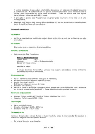 Mod IV - 31
A enzima glicosidase é responsável pela hidrólise da esculina em todas as enterobactérias exceto
a Escherichia coli. A Escherichia coli não possue a enzima glicosidase sendo necessário usar a
lactose, outro dissacarídeo ou outra fonte de carbono. Fazer um inóculo leve com agulha
bacteriológica e interpretar após 18-24 horas.
A produção de piocina pela Pseudomonas aeruginosa pode escurecer o meio, isso não é uma
reação positiva.
Resultado falso positivo pode ocorrer pela produção de H²S em não fermentadores, semelhante ao
bacilo da bactéria Shewanella putrefaciens.
ÁGAR FENILALANINA
PRINCÍPIO
Verifica a capacidade da bactéria de produzir ácido fenilpirúvico a partir da fenilalanina por ação
enzimática.
UTILIDADE
Diferenciar gêneros e espécies de enterobactérias.
FÓRMULA / PRODUTO
Meio comercial: Ágar Fenilalanina
Solução de cloreto férrico:
Cloreto férrico 10 g
Adicionar 100 ml de água destilada
Colocar em frasco âmbar.
Validade: 6 meses
A solução de cloreto férrico 10% é utilizada para revelar a atividade da enzima fenilalanina
desaminase no meio de fenilalanina.
PROCEDIMENTOS
Pesar e hidratar o meio conforme instruções do fabricante;
Aquecer sob constante agitação até fundir o meio;
Ajustar o pH para 7,3 ±0,2;
Distribuir em tubos com tampas de rosca;
Esterilizar em autoclave;
Retirar os tubos da autoclave e incliná-los ainda quentes para que solidifiquem com a superfície
em forma de bico de flauta (ângulo 45°). Deixar solidificar em temperatura ambiente.
CONTROLE DE QUALIDADE
Positivo: Proteus vulgaris ATCC 8427 ou Proteus mirabilis ATCC 12453.
Negativo: Escherichia coli ATCC 25922.
INOCULAÇÃO
Fazer um inóculo denso;
Inocular colônia pura de 18 a 24 horas;
Incubar a 35°C por 18 a 24 horas.
INTERPRETAÇÃO
Adicionar diretamente o cloreto férrico no tubo inoculado, antes da interpretação do resultado e
distribuir o reagente sobre a superfície do meio.
Cor original do meio: amarelo palha.
 