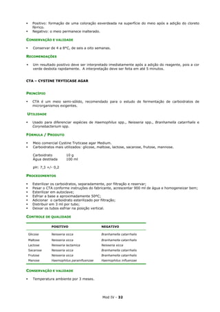 Mod IV - 32
Positivo: formação de uma coloração esverdeada na superfície do meio após a adição do cloreto
férrico.
Negativo: o meio permanece inalterado.
CONSERVAÇÃO E VALIDADE
Conservar de 4 a 8°C, de seis a oito semanas.
RECOMENDAÇÕES
Um resultado positivo deve ser interpretado imediatamente após a adição do reagente, pois a cor
verde desbota rapidamente. A interpretação deve ser feita em até 5 minutos.
CTA – CYSTINE TRYTICASE AGAR
PRINCÍPIO
CTA é um meio semi-sólido, recomendado para o estudo de fermentação de carboidratos de
microrganismos exigentes.
UTILIDADE
Usado para diferenciar espécies de Haemophilus spp., Neisseria spp., Branhamella catarrhalis e
Corynebacterium spp.
FÓRMULA / PRODUTO
Meio comercial Cystine Tryticase agar Medium.
Carboidratos mais utilizados: glicose, maltose, lactose, sacarose, frutose, mannose.
Carboidrato 10 g
Água destilada 100 ml
pH: 7,3 +/- 0,2
PROCEDIMENTOS
Esterilizar os carboidratos, separadamente, por filtração e reservar;
Pesar o CTA conforme instruções do fabricante, acrescentar 900 ml de água e homogeneizar bem;
Esterilizar em autoclave;
Esfriar a base a aproximadamente 50ºC;
Adicionar o carboidrato esterilizado por filtração;
Distribuir em 3 ml por tubo;
Deixar os tubos esfriar na posição vertical.
CONTROLE DE QUALIDADE
POSITIVO NEGATIVO
Glicose
Maltose
Lactose
Sacarose
Frutose
Manose
Neisseria sicca
Neisseria sicca
Neisseria lactamica
Neisseria sicca
Neisseria sicca
Haemophilus parainfluenzae
Branhamella catarrhalis
Branhamella catarrhalis
Neisseria sicca
Branhamella catarrhalis
Branhamella catarrhalis
Haemophilus influenzae
CONSERVAÇÃO E VALIDADE
Temperatura ambiente por 3 meses.
 