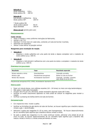 Mod IV - 37
Solução A
Ácido sulfanílico 0,8 g
Ácido acético 5N 100 ml
Solução B
N,N-dimetil-l-naftilamina 0,6 g
Ácido acético 5N* 100 ml
* Ácido acético 5N
Ácido acético glacial 40 ml
Água destilada 100 ml
Zinco em pó (pronto para uso)
PROCEDIMENTOS
Caldo nitrato
Pesar e hidratar o meio conforme instruções do fabricante;
Acertar o pH 7,0;
Distribuir 3 ml do meio em cada tubo, contendo um tubo de Durhan invertido;
Esterilizar em autoclave;
Deixar o tubo esfriar na posição vertical
Reagentes para revelação da reação.
Solução A
‫ـ‬ Dissolver o ácido sulfanílico em uma parte do ácido e depois completar com o restante do
ácido acético q.s.p. 100 ml.
Solução B
‫ـ‬ Dissolver o N,N-dimetil-l-naftilamina com uma parte do ácido e completar o restante do ácido
acético q.s.p. 100 ml.
CONTROLE DE QUALIDADE
Resultado Cepa Resultado esperado
Nitrato reduzido a nitrito Enterobactérias Coloração vermelha
Nitrato a gás Pseudomonas aeruginosa Bolhas no tubo de Durhan
Nitrato não reduzido Acinetobacter baumannii Coloração vermelha somente
após adição de pó de zinco
Pseudomonas aeruginosa ATCC 27853, Acinetobacter baumannii ATCC
INOCULAÇÃO
Fazer um inóculo denso, com colônias recentes (18 – 24 horas) no meio com alça bacteriológica;
Não agitar o tubo após inoculação;
Incubar 35±1°C por 24 a 48 horas, sendo necessário algumas vezes até 5 dias;
Verificar se existe crescimento aparente no meio antes de colocar os reagentes para revelar a
reação;
Verificar a presença de bolhas dentro do tubo de Durhan.
INTERPRETAÇÃO
Cor original do meio: incolor a palha.
Verificar se há bolhas de gás dentro do tubo de Durhan, se houver significa que a bactéria reduziu
nitrato a gás = denitrificação.
Adicionar 5 gotas dos reagentes A e B no meio, sem homogeneizar. Se houver desenvolvimento
de cor vermelho tijolo significa que a bactéria reduziu nitrato a nitrito.
Se após a adição dos reagentes A e B o tubo continuar incolor, adicionar uma pitada de pó de
zinco no tubo, se houver desenvolvimento de cor vermelho tijolo significa que a bactéria não
reduziu nitrato a nitrito e o nitrato ainda permanece no meio.
 