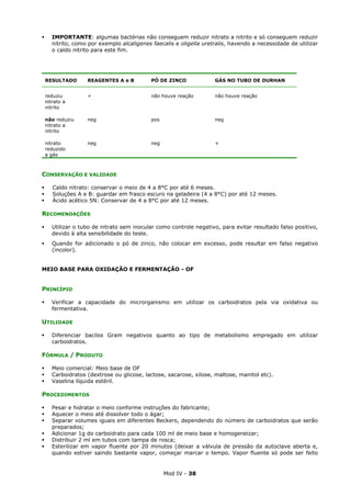 Mod IV - 38
IMPORTANTE: algumas bactérias não conseguem reduzir nitrato a nitrito e só conseguem reduzir
nitrito, como por exemplo alcaligenes faecalis e oligella uretralis, havendo a necessidade de utilizar
o caldo nitrito para este fim.
RESULTADO REAGENTES A e B PÓ DE ZINCO GÁS NO TUBO DE DURHAN
reduziu + não houve reação não houve reação
nitrato a
nitrito
não reduziu neg pos neg
nitrato a
nitrito
nitrato neg neg +
reduzido
a gás
CONSERVAÇÃO E VALIDADE
Caldo nitrato: conservar o meio de 4 a 8°C por até 6 meses.
Soluções A e B: guardar em frasco escuro na geladeira (4 a 8°C) por até 12 meses.
Ácido acético 5N: Conservar de 4 a 8°C por até 12 meses.
RECOMENDAÇÕES
Utilizar o tubo de nitrato sem inocular como controle negativo, para evitar resultado falso positivo,
devido à alta sensibilidade do teste.
Quando for adicionado o pó de zinco, não colocar em excesso, pode resultar em falso negativo
(incolor).
MEIO BASE PARA OXIDAÇÃO E FERMENTAÇÃO - OF
PRINCÍPIO
Verificar a capacidade do microrganismo em utilizar os carboidratos pela via oxidativa ou
fermentativa.
UTILIDADE
Diferenciar bacilos Gram negativos quanto ao tipo de metabolismo empregado em utilizar
carboidratos.
FÓRMULA / PRODUTO
Meio comercial: Meio base de OF
Carboidratos (dextrose ou glicose, lactose, sacarose, xilose, maltose, manitol etc).
Vaselina líquida estéril.
PROCEDIMENTOS
Pesar e hidratar o meio conforme instruções do fabricante;
Aquecer o meio até dissolver todo o ágar;
Separar volumes iguais em diferentes Beckers, dependendo do número de carboidratos que serão
preparados;
Adicionar 1g do carboidrato para cada 100 ml de meio base e homogeneizar;
Distribuir 2 ml em tubos com tampa de rosca;
Esterilizar em vapor fluente por 20 minutos (deixar a válvula de pressão da autoclave aberta e,
quando estiver saindo bastante vapor, começar marcar o tempo. Vapor fluente só pode ser feito
 