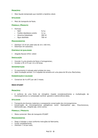 Mod IV - 3
PRINCÍPIO
Meio líquido tamponado que mantém a bactéria viável.
UTILIDADE
Meio de transporte de fezes.
FÓRMULA /PRODUTO
Fórmula:
‫ـ‬ NaCl 4,2 g
‫ـ‬ Fosfato dipotássico anidro 3,1 g
‫ـ‬ Glicerina bidestilada 300 ml
‫ـ‬ Água destilada 700 ml
PROCEDIMENTOS
Distribuir 10 ml em cada tubo de 16 x 160 mm;
Esterilizar em autoclave.
CONTROLE DE QUALIDADE
Shigella flexneri ATCC 12022
INOCULAÇÃO
Inocular 2 g da amostra de fezes e homogeneizar;
Incubar a 35 ±1°C por 12 a 18 horas.
INTERPRETAÇÃO
O crescimento é indicado pela turbidez do meio.
Após incubação semear 3 a 4 alçadas da amostra em uma placa de SS e/ou MacConkey.
CONSERVAÇÃO E VALIDADE
Conservar de 4 a 8°C por até 3 meses.
MEIO STUART
PRINCÍPIO
A carência de uma fonte de nitrogênio impede consideravelmente a multiplicação de
microorganismos e a composição nutritiva garante a sobrevivência deles.
UTILIDADE
Transporte de diversos materiais e conseqüente conservação dos microorganismos.
Conservação de microorganismos patogênicos como: Haemophilus spp., Pneumococcus,
Salmonella spp., Shigella spp. entre outros.
FÓRMULA / PRODUTO
Meios comercial: Meio de transporte STUART
PROCEDIMENTOS
Pesar e hidratar o meio conforme instruções do fabricante;
Fundir completamente;
Distribuir 7 ml por tubo;
 