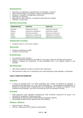 Mod IV - 49
PROCEDIMENTOS
Esterilizar os carboidratos, separadamente, por filtração e reservar;
Pesar o BHI em béquer, acrescentar a água e homogeneizar bem;
Adicionar o indicador e homogeneizar novamente;
Esterilizar em autoclave;
Após esfriar a base, adicionar o carboidrato esterilizado por filtração;
Distribuir 3 ml por tubo.
CONTROLE DE QUALIDADE
CARBOIDRATOS POSITIVO NEGATIVO
Arabinose Enterococcus faecium Enterococcus faecalis
Rafinose Enterococcus casseliflavus Enterococcus faecalis
Sorbitol Enterococcus faecalis Enterococcus gallinarum
Maltose Staphylococcus epidermidis Staphylococcus schleiferi
Trealose Staphylococcus lugdunensis Staphylococcus epidermidis
CONSERVAÇÃO E VALIDADE
Conservar entre 4 a 10 ºC por 3 meses.
INOCULAÇÃO
Dissolver as colônias no caldo;
Incubar à 35ºC 24 horas.
INTERPRETAÇÃO
Cor original do meio: púrpura
Positivo: Crescimento bacteriano (turvação do meio) com viragem do indicador para amarelo;
Negativo: Ausência de crescimento. O meio permanece com a cor original, púrpura e sem
turvação.
RECOMENDAÇÕES
Para provas negativas, incubar um período maior (48 horas);
Não autoclavar a base com o carboidrato, pois a alta temperatura pode degradar o carboidrato.
PARA A PROVA DE HIDRÓLISE
PRINCÍPIO
A prova de hidrólise PYR é um teste enzimático que consiste na hidrólise do substrato L-
pyrrolidonyl-alfa-naftylamide por uma enzima bacteriana, a L-pyroglutamyl-aminopeptidase. A
hidrólise do substrato libera β-naphtylamide, que é detectada com a adição do reagente, o N,N-
dimetilaminocinamaldeído, que forma uma base de Schiff, de coloração vermelha.
UTILIDADE
Teste presuntivo para identificar Streptococcus beta hemolítico presumível do grupo A de
Lancefield (S. pyogenes) e Enterococcus spp.
Identificação de algumas espécies Staphylococcus coagulase negativa.
Identificação de bacilos Gram negativos não fermentadores.
FÓRMULA / PRODUTO
Teste comercial : PYR test
Fórmula - Caldo base de PYR (caldo de Todd-Hewitt):
 