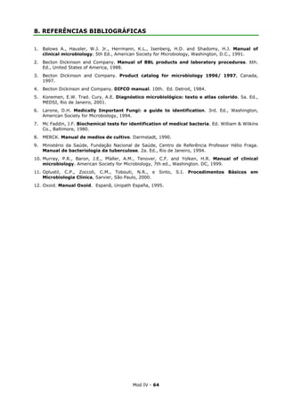 Mod IV - 64
8. REFERÊNCIAS BIBLIOGRÁFICAS
1. Balows A., Hausler, W.J. Jr., Herrmann, K.L., Isenberg, H.D. and Shadomy, H.J. Manual of
clinical microbiology. 5th Ed., American Society for Microbiology, Washington, D.C., 1991.
2. Becton Dickinson and Company. Manual of BBL products and laboratory procedures. 6th.
Ed., United States of America, 1988.
3. Becton Dickinson and Company. Product catalog for microbiology 1996/ 1997, Canada,
1997.
4. Becton Dickinson and Company. DIFCO manual. 10th. Ed. Detroit, 1984.
5. Konemen, E.W. Trad. Cury, A.E. Diagnóstico microbiológico: texto e atlas colorido. 5a. Ed.,
MEDSI, Rio de Janeiro, 2001.
6. Larone, D.H. Medically Important Fungi: a guide to identification. 3rd. Ed., Washington,
American Society for Microbiology, 1994.
7. Mc Faddin, J.F. Biochemical tests for identification of medical bacteria. Ed. William & Wilkins
Co., Baltimore, 1980.
8. MERCK. Manual de medios de cultivo. Darmstadt, 1990.
9. Ministério da Saúde, Fundação Nacional de Saúde, Centro de Referência Professor Hélio Fraga.
Manual de bacteriologia da tuberculose. 2a. Ed., Rio de Janeiro, 1994.
10. Murray, P.R., Baron, J.E., Pfaller, A.M., Tenover, C.F. and Yolken, H.R. Manual of clinical
microbiology. American Society for Microbiology, 7th ed., Washington. DC, 1999.
11. Oplustil, C.P., Zoccoli, C.M., Tobouti, N.R., e Sinto, S.I. Procedimentos Básicos em
Microbiologia Clínica, Sarvier, São Paulo, 2000.
12. Oxoid. Manual Oxoid. Espanã, Unipath España, 1995.
 