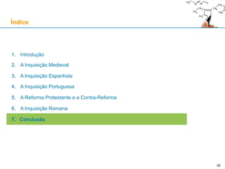 Cronologia
1478-1492: vagas migratórias de “conversos” espanhóis entram em Portugal
1492: expulsão dos judeus de Espanha
Nesta fase aumenta o sentimento antijudaico em Portugal
1492: o rei D. João II ordena a expulsão dos Judeus de Portugal
No ano seguinte, D. João II ordena a conversão dos judeus que não saíram do país
A partir de 1497, não há oficialmente judeus em Portugal: apenas cristãos e “cristãos novos”
1506: massacre de “cristãos novos” em Lisboa
1521: o rei D. João II começa activamente a tentar montar uma inquisição em Portugal
1536: a 23 de Maio, D. João III cria o primeiro tribunal inquisitorial em Évora (onde residia a Corte)
1537: D. João III muda a Corte para Lisboa, junto com o tribunal inquisitorial
1540: primeiro “auto-de-fé” em Portugal
1541: criados tribunais inquisitoriais em Coimbra, Porto, Lamego, Tomar e Évora
1560: criação do tribunal inquisitorial em Goa
A Inquisição Portuguesa (1536-1821)
25
 